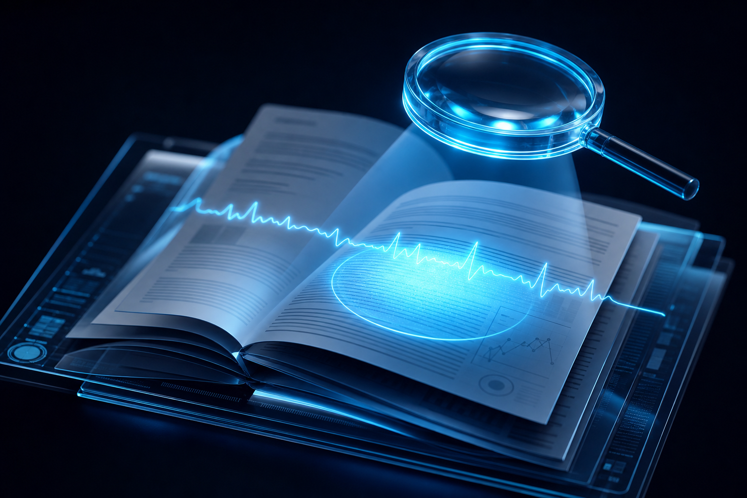 3D render of stacked journal pages with a cyan magnifying lens and a plethysmograph waveform strip