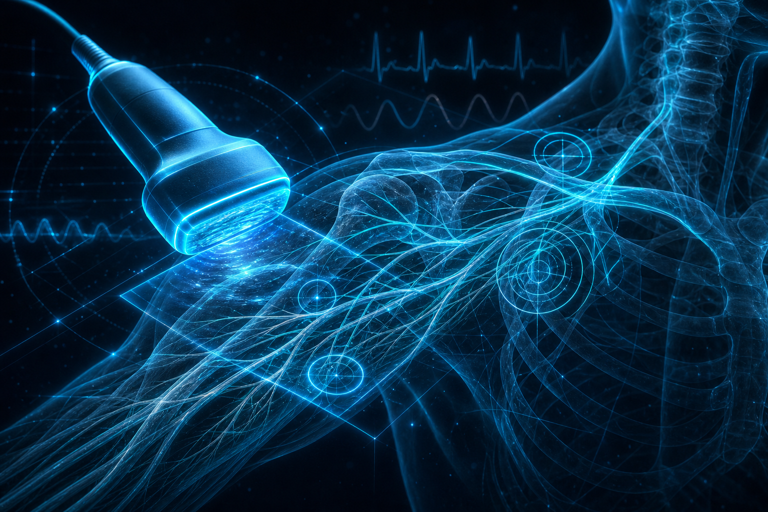 Holographic visualization of a glowing cyan ultrasound-guided brachial plexus nerve block with AI annotation rings
