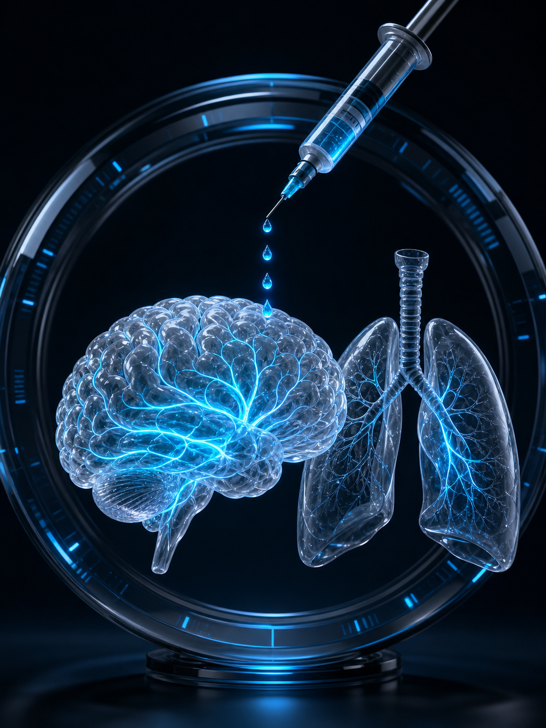 3D rendered porcelain brain and lung with glowing cyan anesthesia pathways, a precision syringe and an AI scan ring